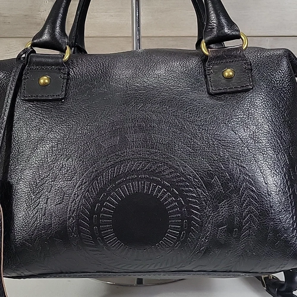 Isabella Fiore Black Tooled Leather Satchel Crossbody Shoulder Bag with Tassel